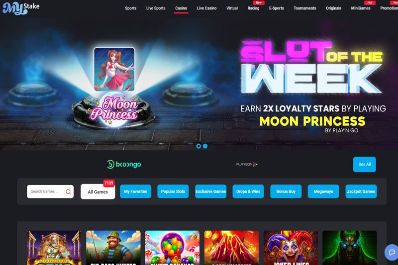 Screenshot of the Mystake casino homepage interface showing game categories and promotions.